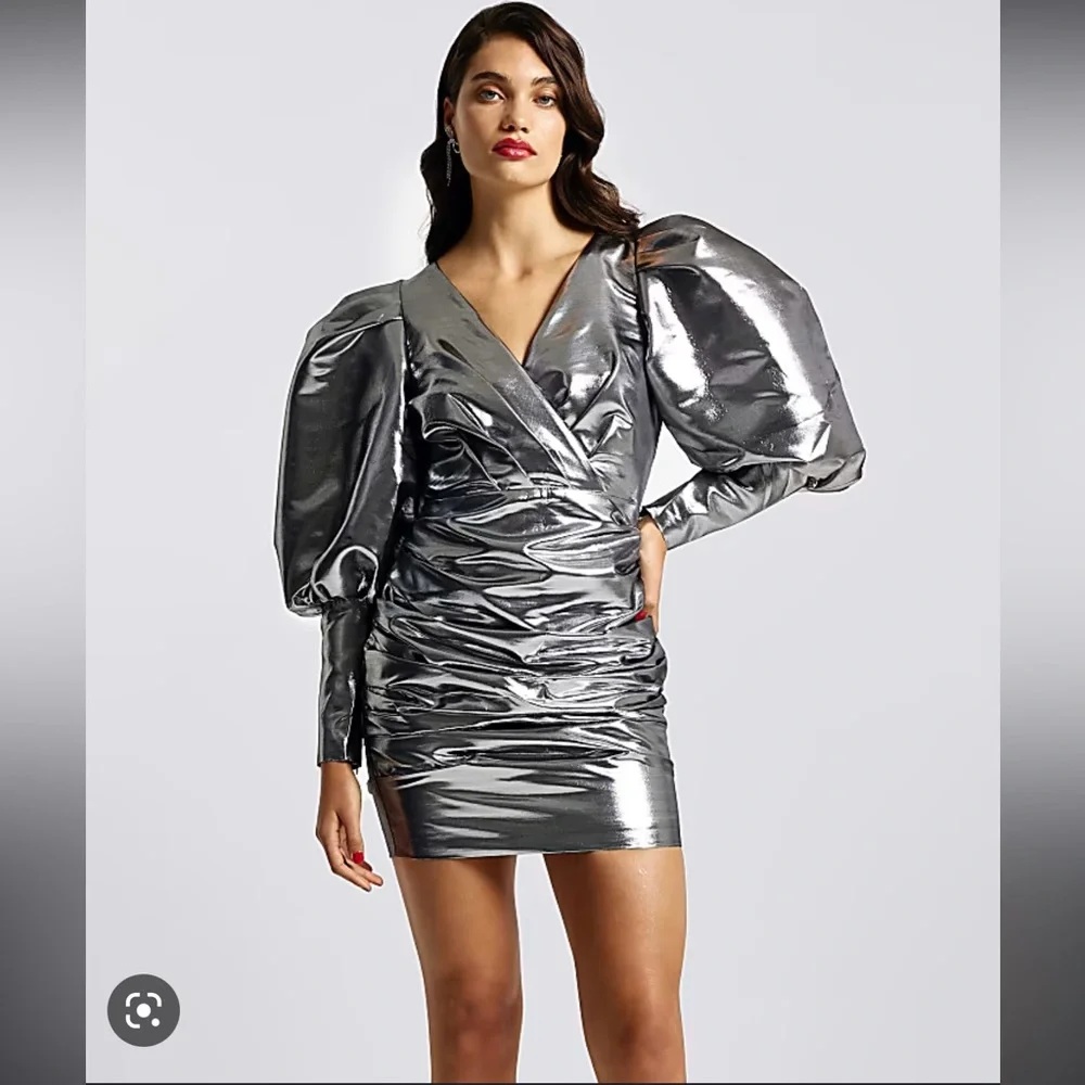 NWT River Island Metallic Silver Balloon Sleeves Bodycon Mini Dress Size 8 US - Picture 12 of 14